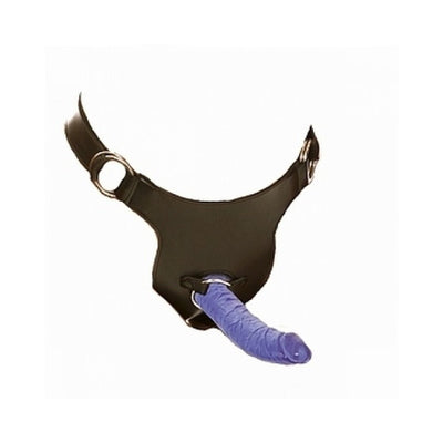 Plus size black leather strap-on harness with adjustable metal rings and a textured purple dildo attachment.