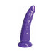 Purple curved dildo with textured surface and suction cup base on white background