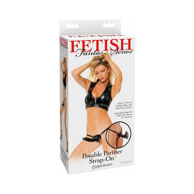Packaging of Fetish Fantasy Posable Partner Strap-on in black with model wearing the adjustable strap-on and product details.
