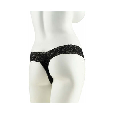 Plus size black lace thong with a low-rise fit displayed on a mannequin from the back.