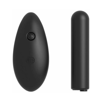 Black wireless remote control and matching slim vibrating bullet for intimate wear.