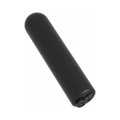 Black cylindrical remote control vibrator with power and mode buttons on a white background.
