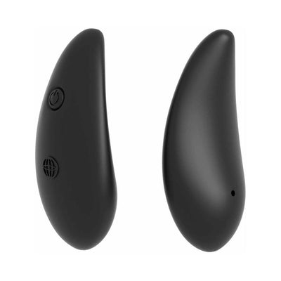 Black wireless remote control with smooth ergonomic design and power buttons for vibrating panties.