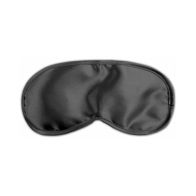 Black satin eye mask with elastic strap for comfortable sensory play and enhanced intimacy.