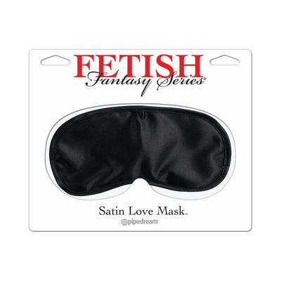 Black satin eye mask from Fetish Fantasy Series with elastic strap, designed for comfortable sensory play.