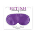 Purple satin eye mask from Fetish Fantasy Series on white packaging with elastic strap for comfort.
