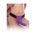 Purple strap-on with adjustable black elastic waist belt worn on a person’s hips, featuring a flexible translucent dildo.