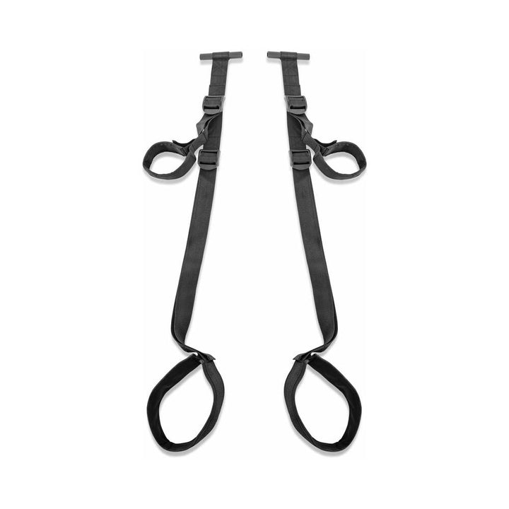 Black adjustable door swing straps with padded leg and arm loops and acrylic tubes for secure door mounting.