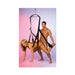 Black adjustable sex swing with padded supports and straps shown in use by a couple against a gradient background.