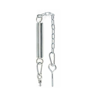 Close-up of silver metal spring and chain with carabiner clips and screw hook for sex swing installation.