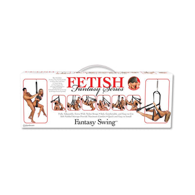 Fetish Fantasy Series Sex Swing packaging showing adjustable black nylon straps and padded supports for versatile intimate positioning.