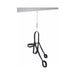 Black adjustable sex swing with padded supports and stirrups, hanging from a ceiling mount with chain and spring.