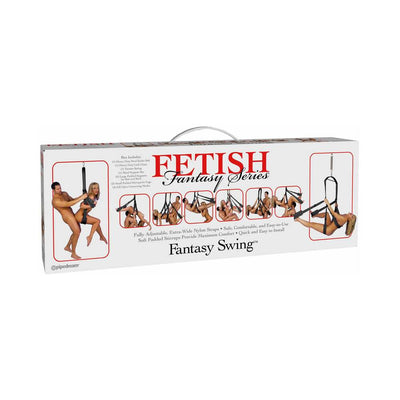 Packaging box for Fetish Fantasy Series Fantasy Swing in black, showing adjustable straps and various position illustrations.
