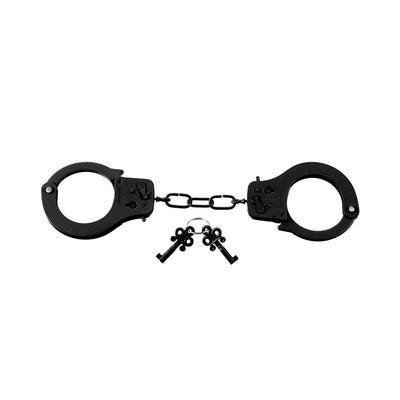 Black heavy-duty metal handcuffs with chain and two matching keys on a white background.