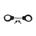 Black heavy-duty metal handcuffs with chain and two matching keys on a white background.