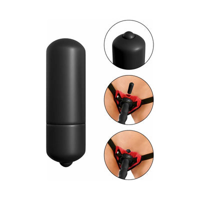 Black wireless multi-speed bullet vibrator with close-up and harness insertion demonstration.
