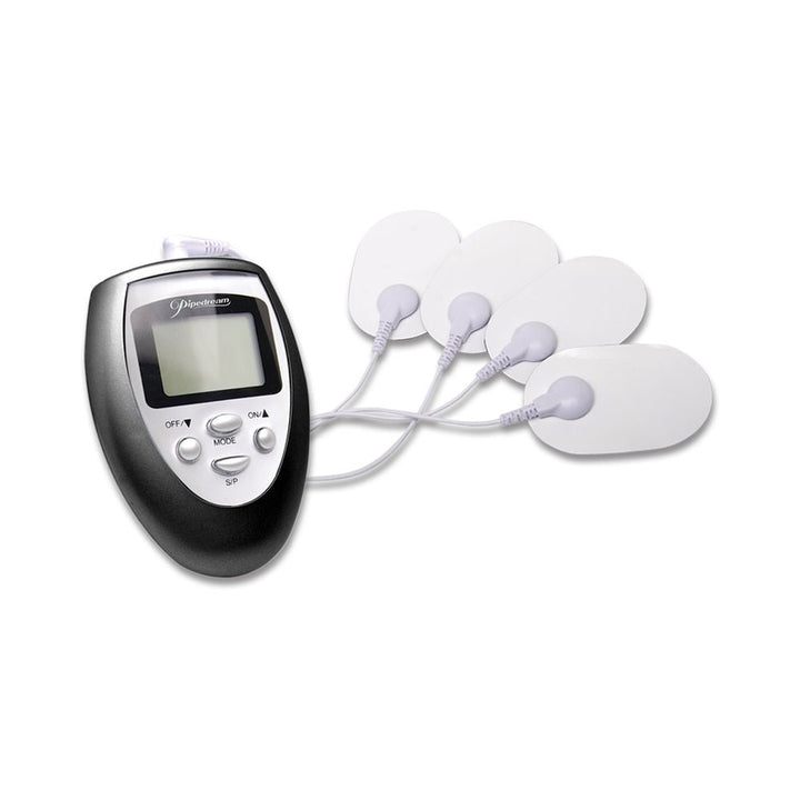 Digital electro-stimulation device with LCD screen and four adhesive electrode pads for customizable muscle and nerve stimulation.
