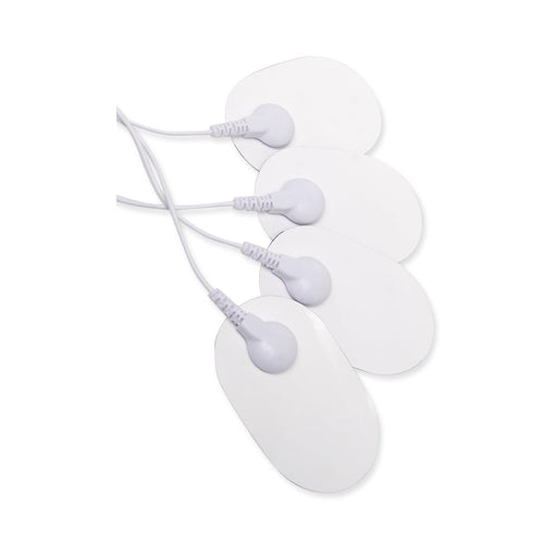 Set of four white oval-shaped electrostimulation replacement pads with attached lead wires on a white background.