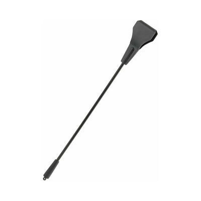 Black silicone crop with a long slender handle and a flat, flexible tip for sensual play.