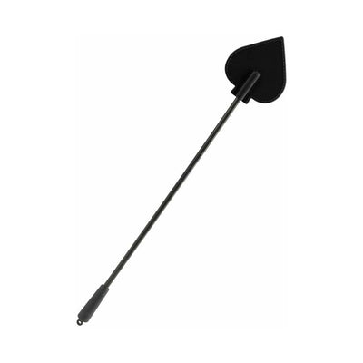 Black silicone spade with a heart-shaped paddle and a long handle with a grip for disciplinary play.