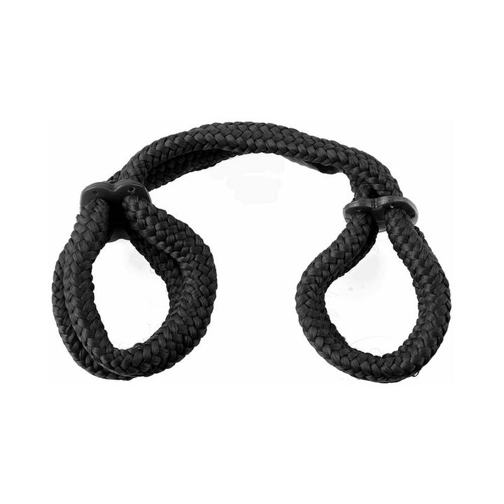 Black braided silk rope love cuffs with adjustable plastic cinches for wrists or ankles restraint.