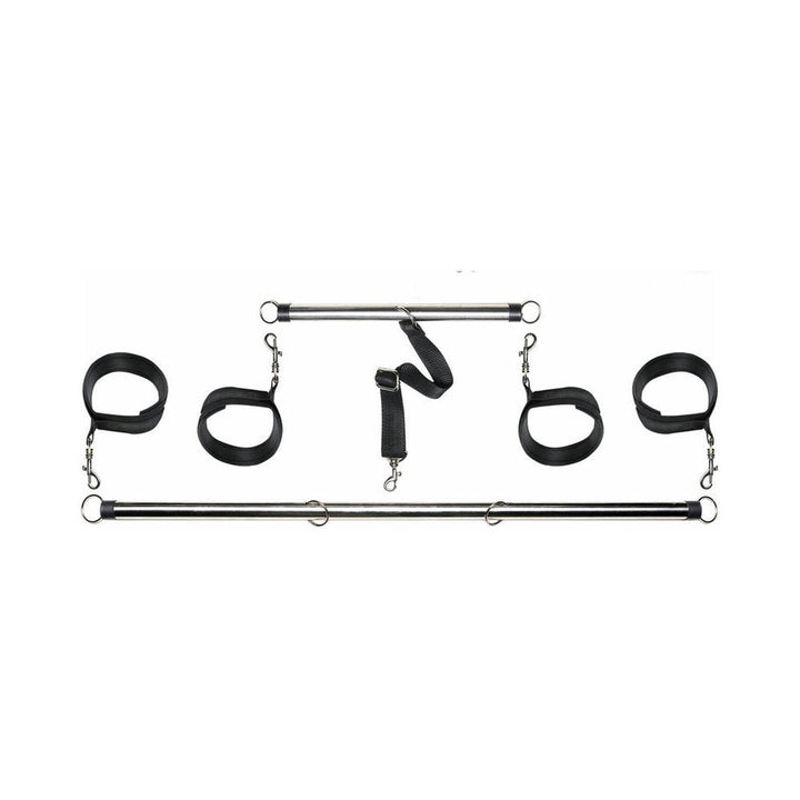 Metal spreader bars with adjustable black wrist and ankle cuffs and a removable nylon strap for versatile positioning.