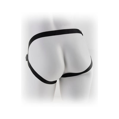 Black adjustable strap-on harness displayed on a white mannequin from the back.