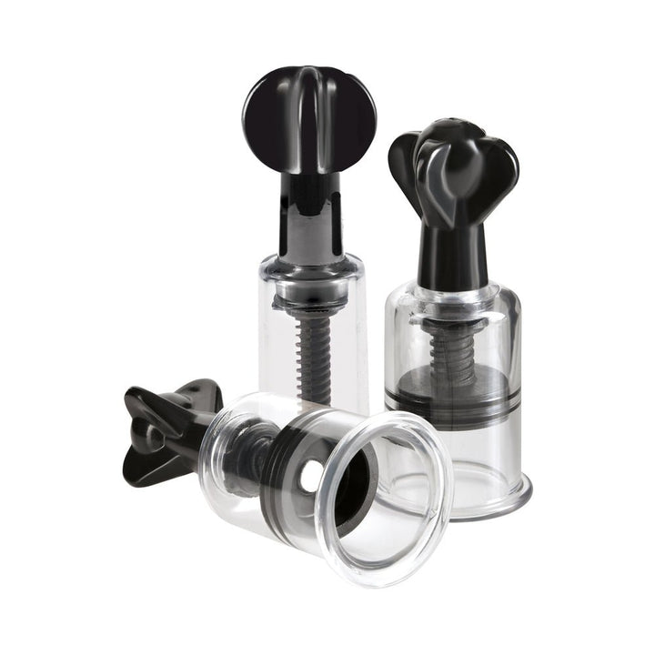 Set of three black and clear suction devices designed for targeted nipple and clitoral stimulation.