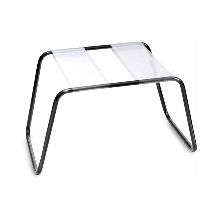 Black tubular steel frame stool with flexible clear TPU seat featuring a central opening for versatile support and comfort.