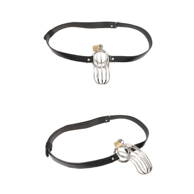 Metal cock cage with adjustable black leather waist strap and small lock for secure restraint.