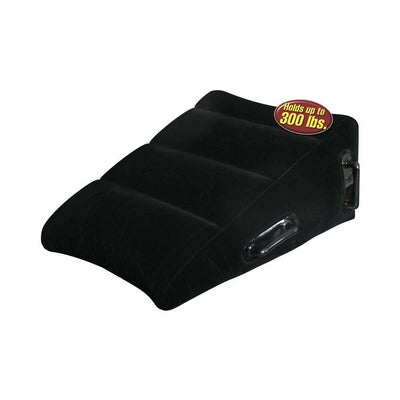 Black inflatable wedge pillow with side handles, designed for comfort and support, holds up to 300 lbs.