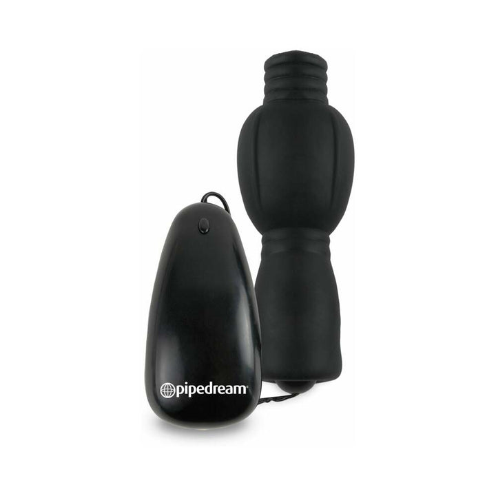 Black vibrating head teazer with remote control featuring a single-button operation and Pipedream branding.
