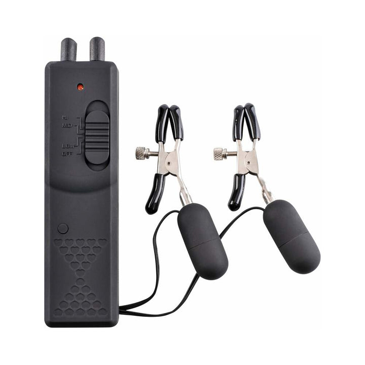 Black vibrating nipple clamps with adjustable tension and a wired remote control featuring multiple intensity settings.