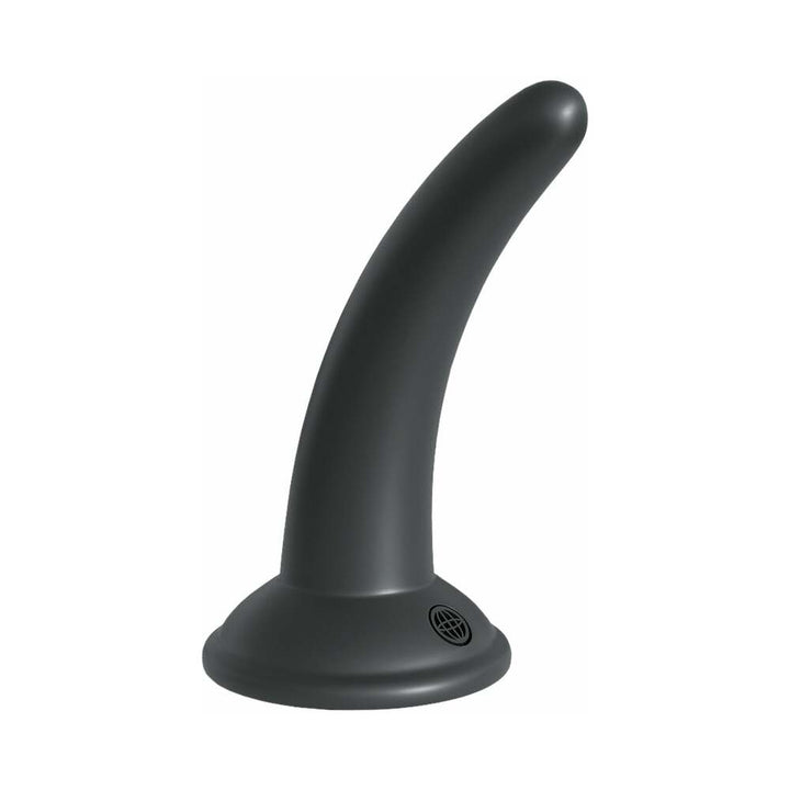 Black curved vibrating strap-on dildo with suction base for hands-free use, designed for beginner anal play.