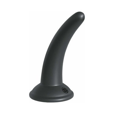 Black curved vibrating strap-on dildo with suction base for hands-free use, designed for beginner anal play.