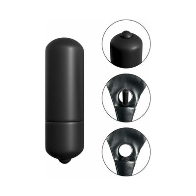 Compact black vibrating bullet with close-up views of its removable design and harness attachment points.