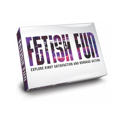 Fetish Fun board game box with bold purple and black text on white background exploring kinky satisfaction and bondage action.