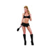 Woman wearing black wetlook faux leather halter top and mini skirt set with silver studs and knee-high boots holding paddle accessory.