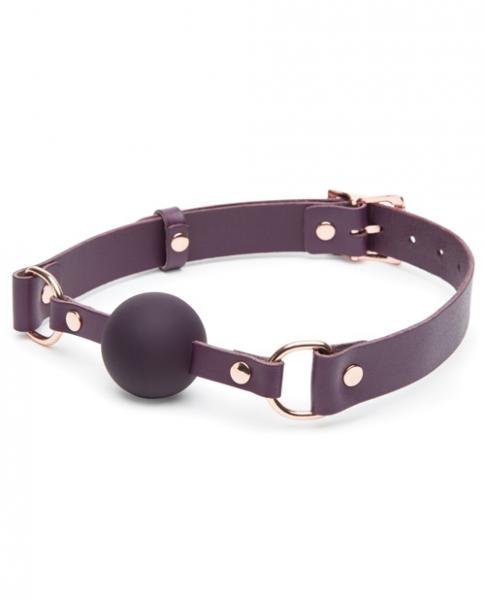 Purple leather ball gag with silicone ball and rose gold metal accents, adjustable strap with buckle closure.