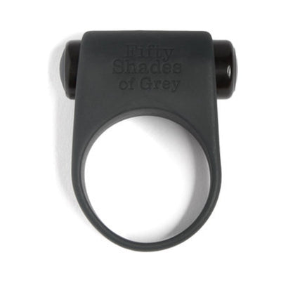 Black silicone vibrating cock ring with Fifty Shades of Grey logo and removable bullet vibrator.