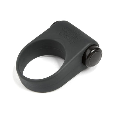 Black silicone vibrating cock ring with removable bullet, embossed Fifty Shades of Grey logo, designed for enhanced pleasure.