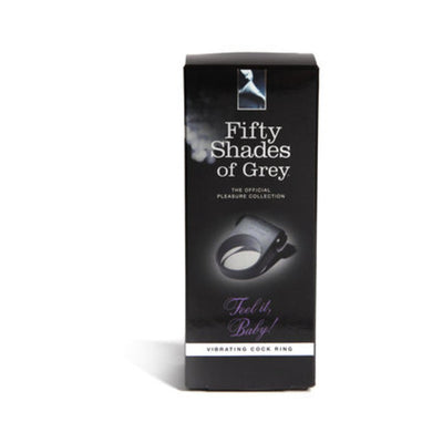 Black packaging box of Fifty Shades of Grey Feel It Baby vibrating silicone cock ring with product image and branding.