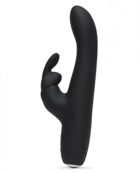 Black slimline rabbit vibrator with curved shaft and dual stimulation ears, made from smooth silicone.