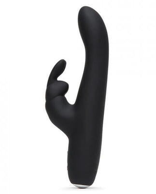 Black slimline rabbit vibrator with curved shaft and dual stimulation ears, made from smooth silicone.