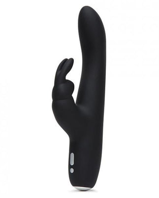 Black slimline rabbit vibrator with dual stimulation design and smooth silicone finish.