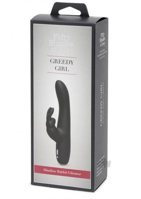 Packaging box of Fifty Shades of Grey Greedy Girl slimline black rabbit vibrator with product image and branding.