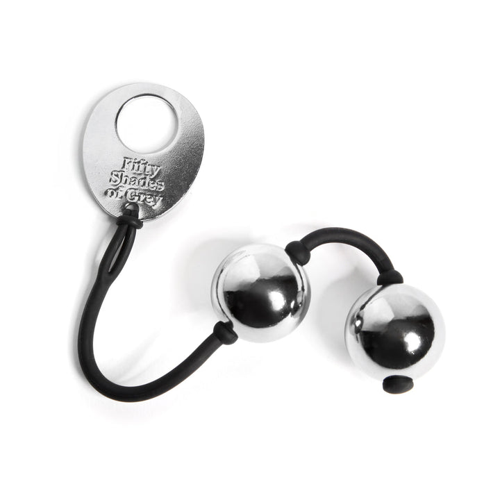Fifty Shades of Grey silver metal kegel balls connected by a black silicone cord with branded retrieval ring.