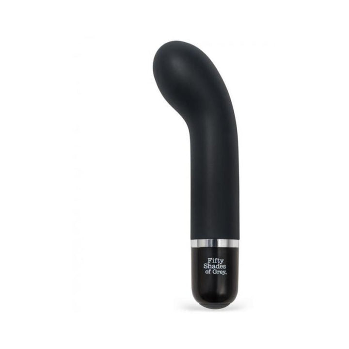 Black curved mini G-spot vibrator with smooth silicone finish and Fifty Shades of Grey branding on the base.