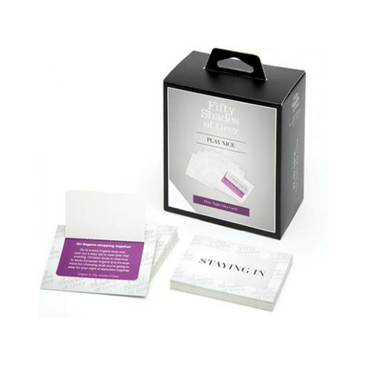 Fifty Shades of Grey Play Nice Date Night Cards with black box and sample cards showing romantic and stay in themes.