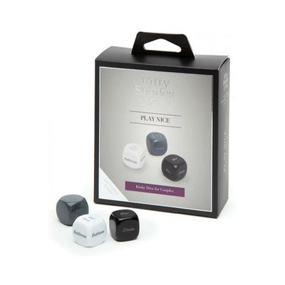 Fifty Shades of Grey Play Nice kinky dice set for couples with three dice and sleek black and white packaging.